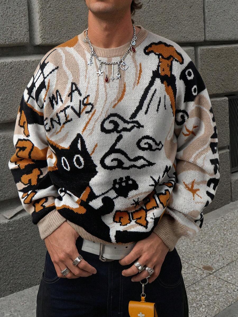 Japanese streetwear cat graphic pullover sweater with anime-inspired design and playful lettering