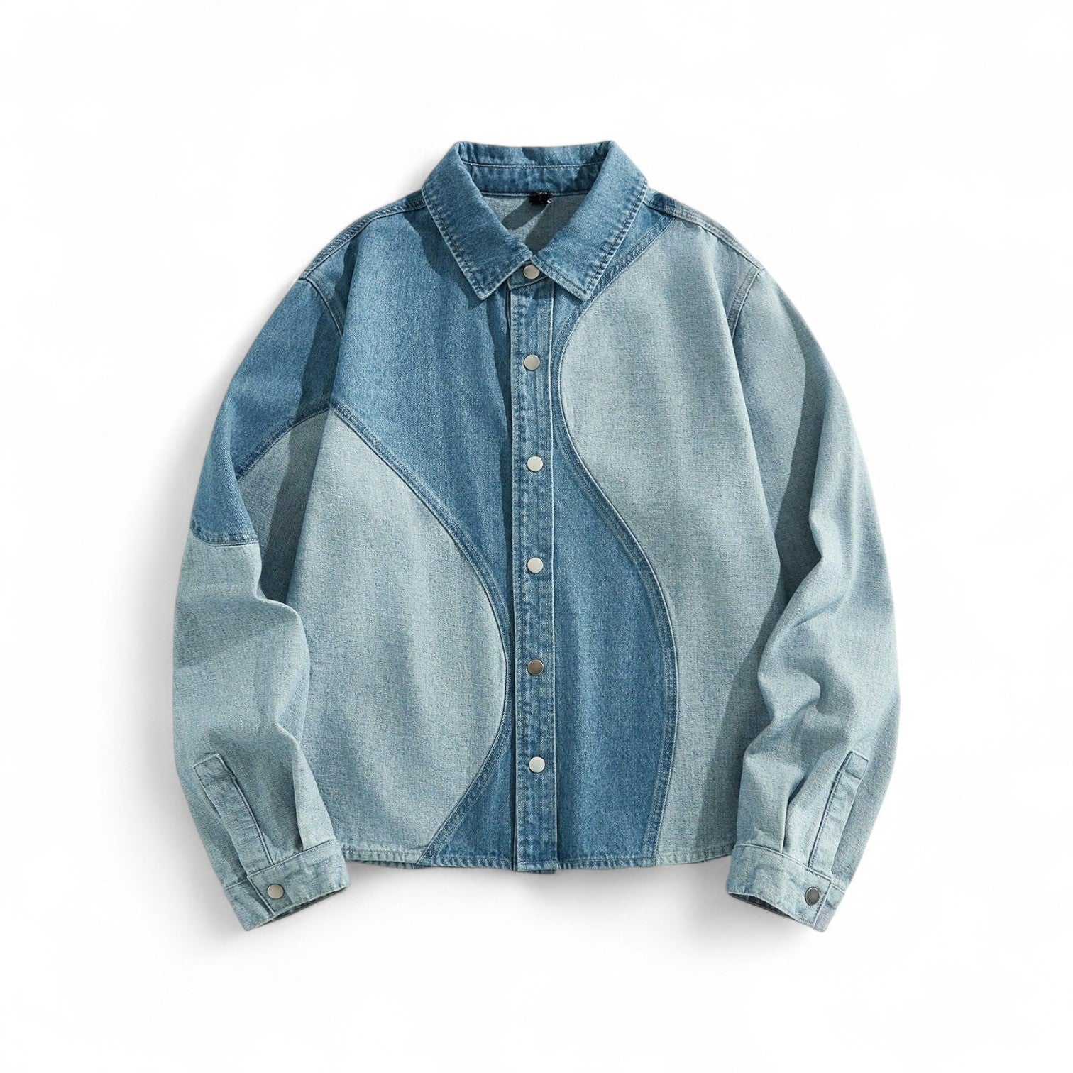 Japanese streetwear denim shirt – two-tone blue loose fit button-up with curved panel design