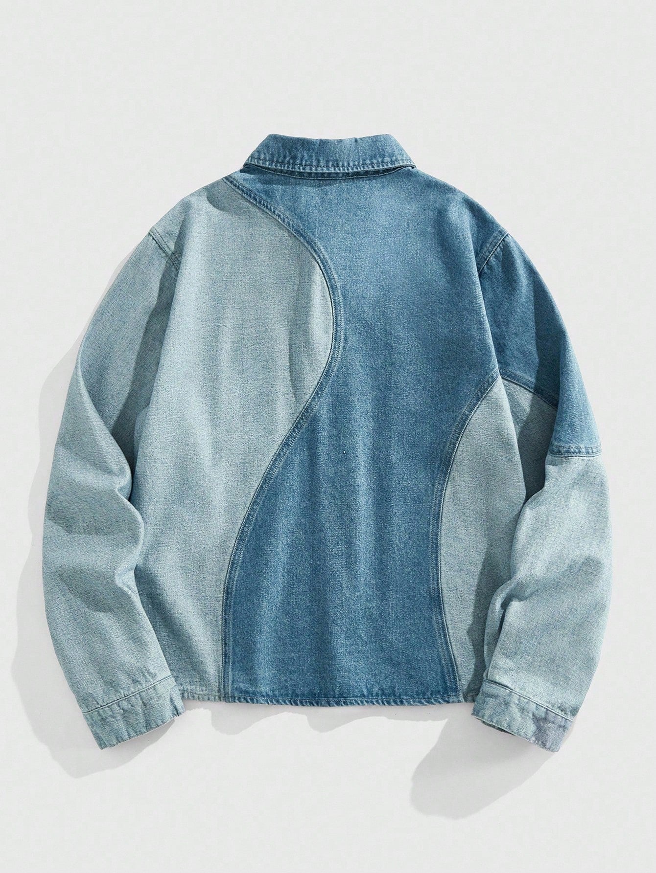 Japanese streetwear denim shirt – two-tone blue loose fit button-up with curved panel design