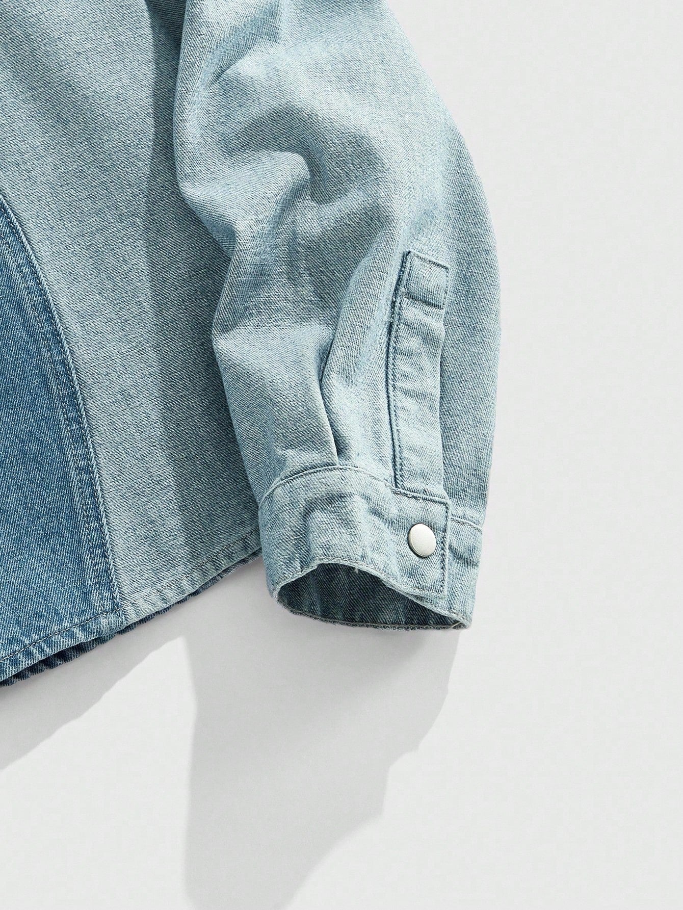Japanese streetwear denim shirt – two-tone blue loose fit button-up with curved panel design