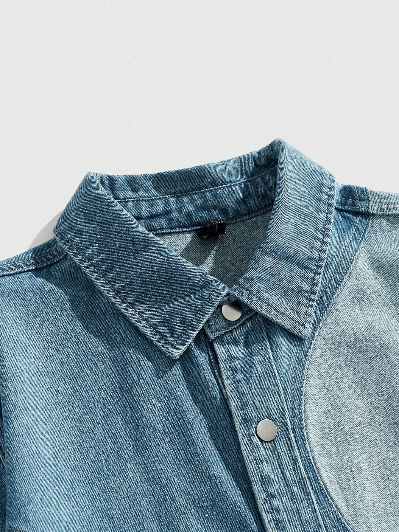 Japanese streetwear denim shirt – two-tone blue loose fit button-up with curved panel design