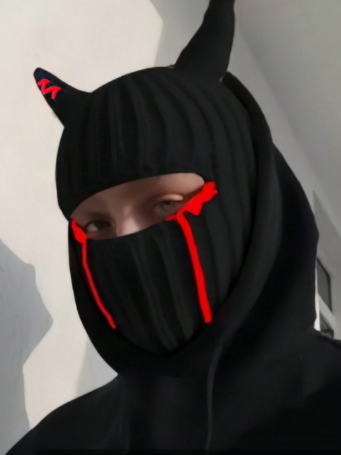 Japanese streetwear knit devil horn balaclava in multiple colors, ribbed acrylic ski mask with dripping design