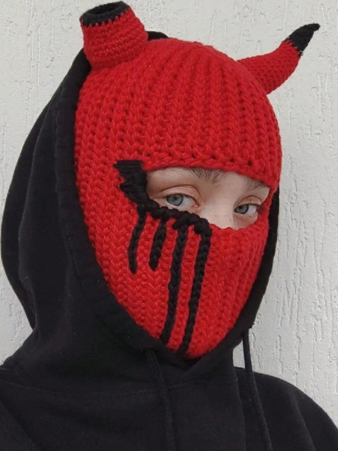 Japanese streetwear knit devil horn balaclava in multiple colors, ribbed acrylic ski mask with dripping design