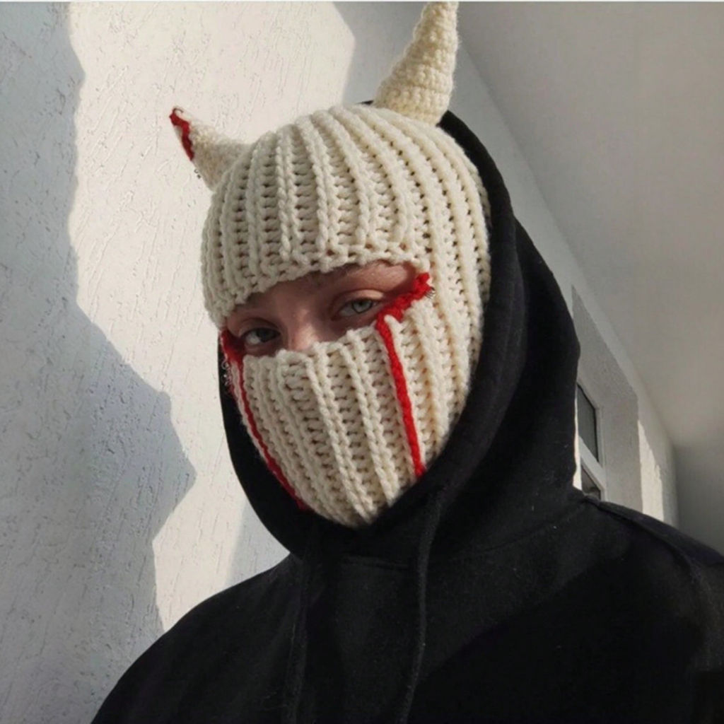 Japanese streetwear knit devil horn balaclava in multiple colors, ribbed acrylic ski mask with dripping design