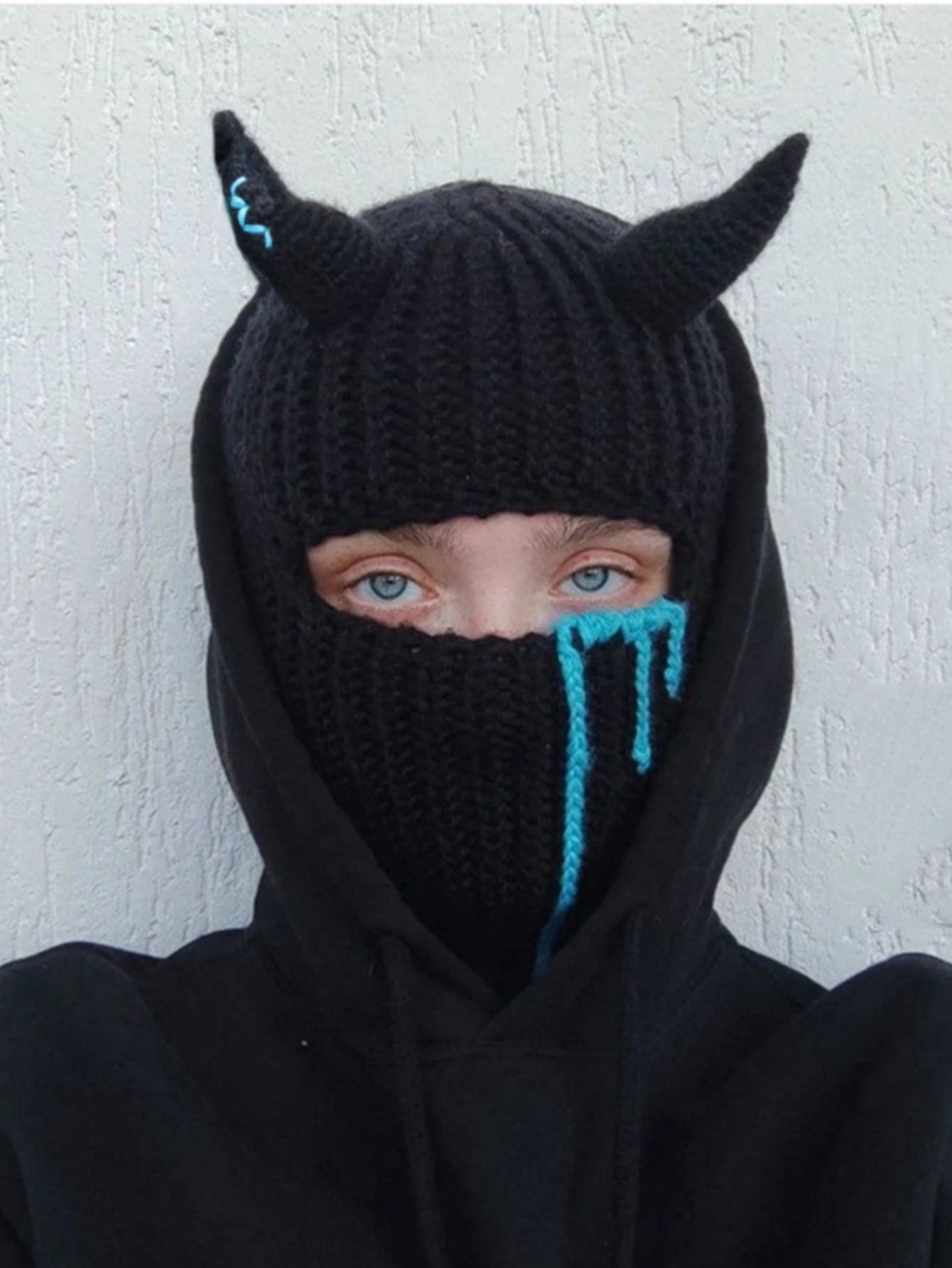 Japanese streetwear knit devil horn balaclava in multiple colors, ribbed acrylic ski mask with dripping design