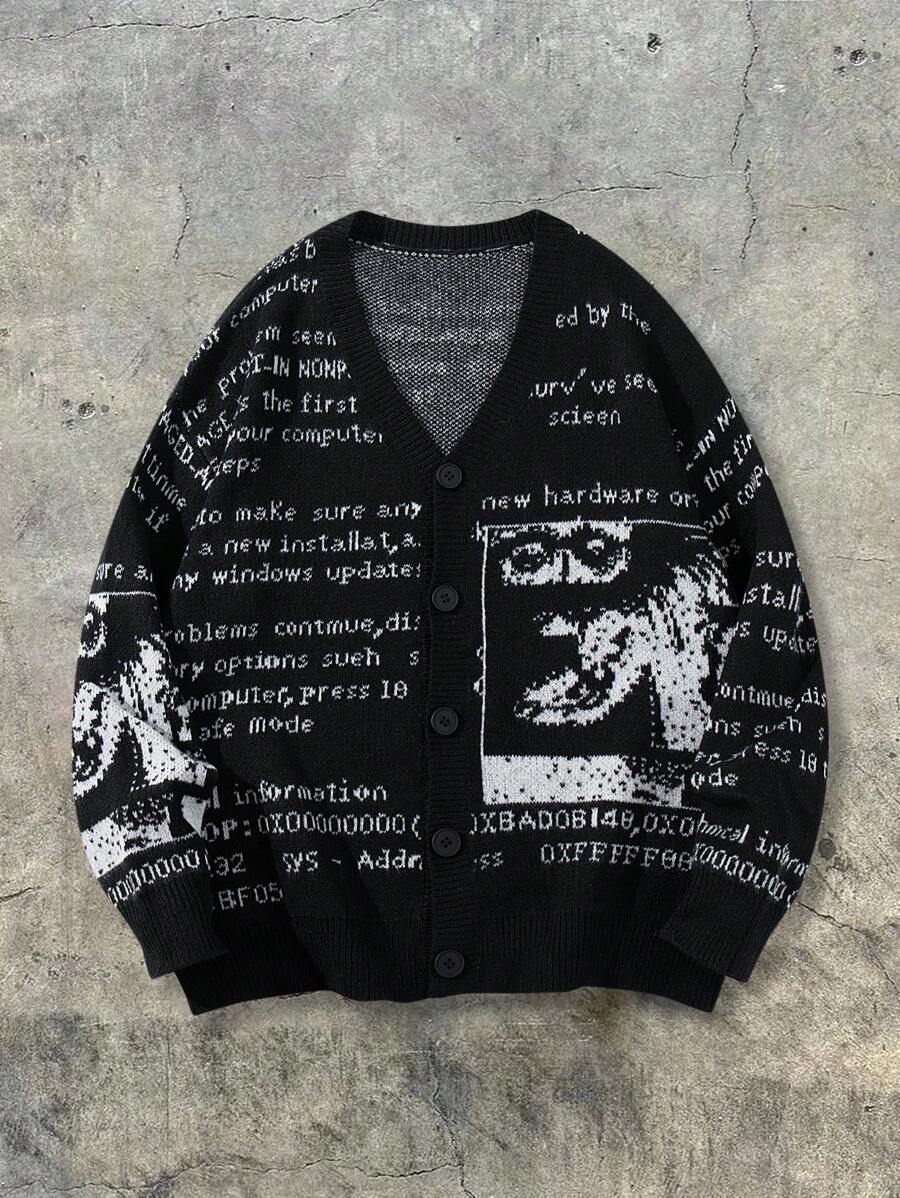 Japanese streetwear cyberpunk black knit cardigan with digital text graphics and V-neck button front