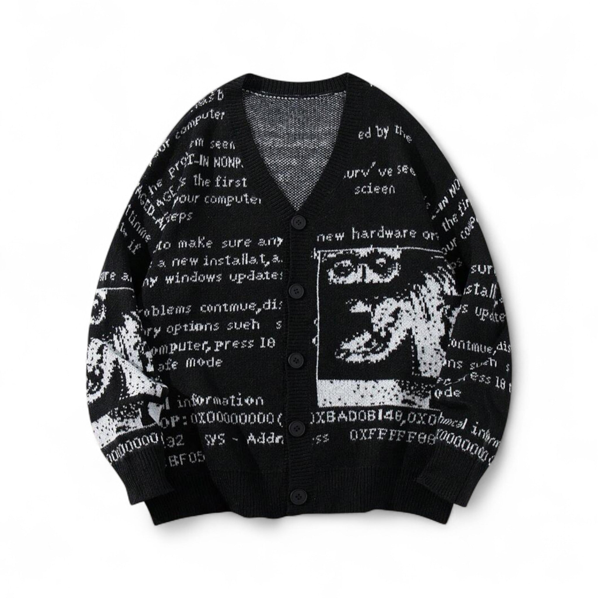 Japanese streetwear cyberpunk black knit cardigan with digital text graphics and V-neck button front