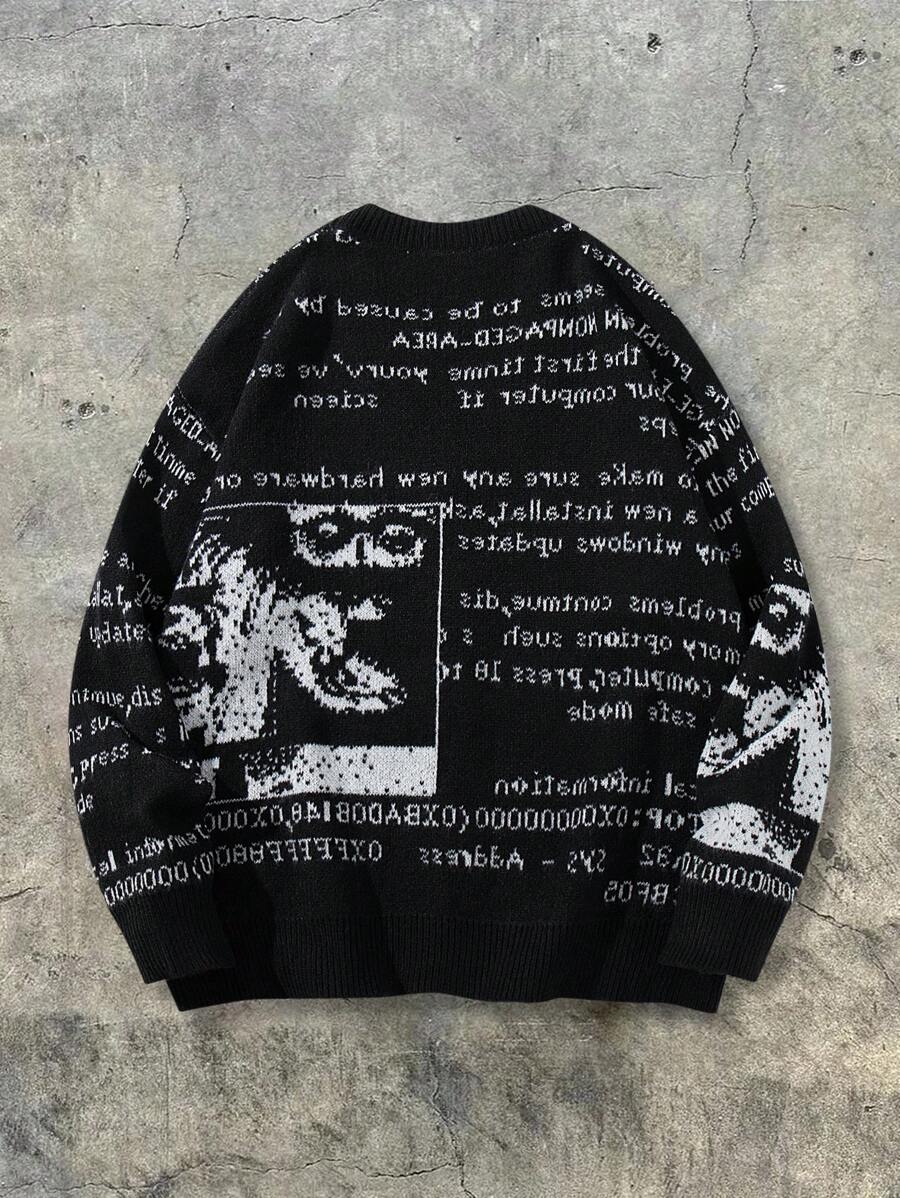 Japanese streetwear cyberpunk black knit cardigan with digital text graphics and V-neck button front