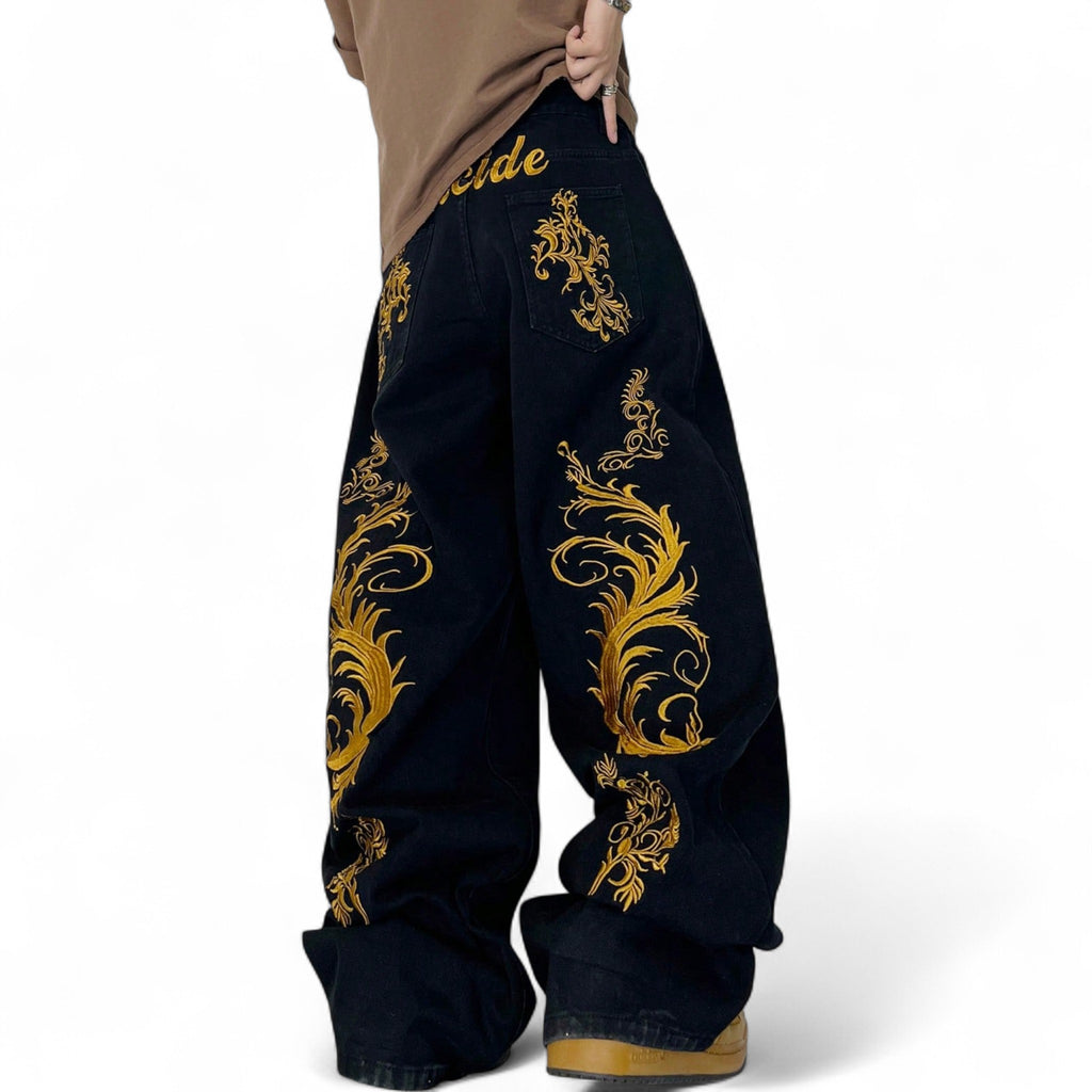 Japanese streetwear wide leg embroidered jeans black gothic punk oversized denim pants Tokyo fashion