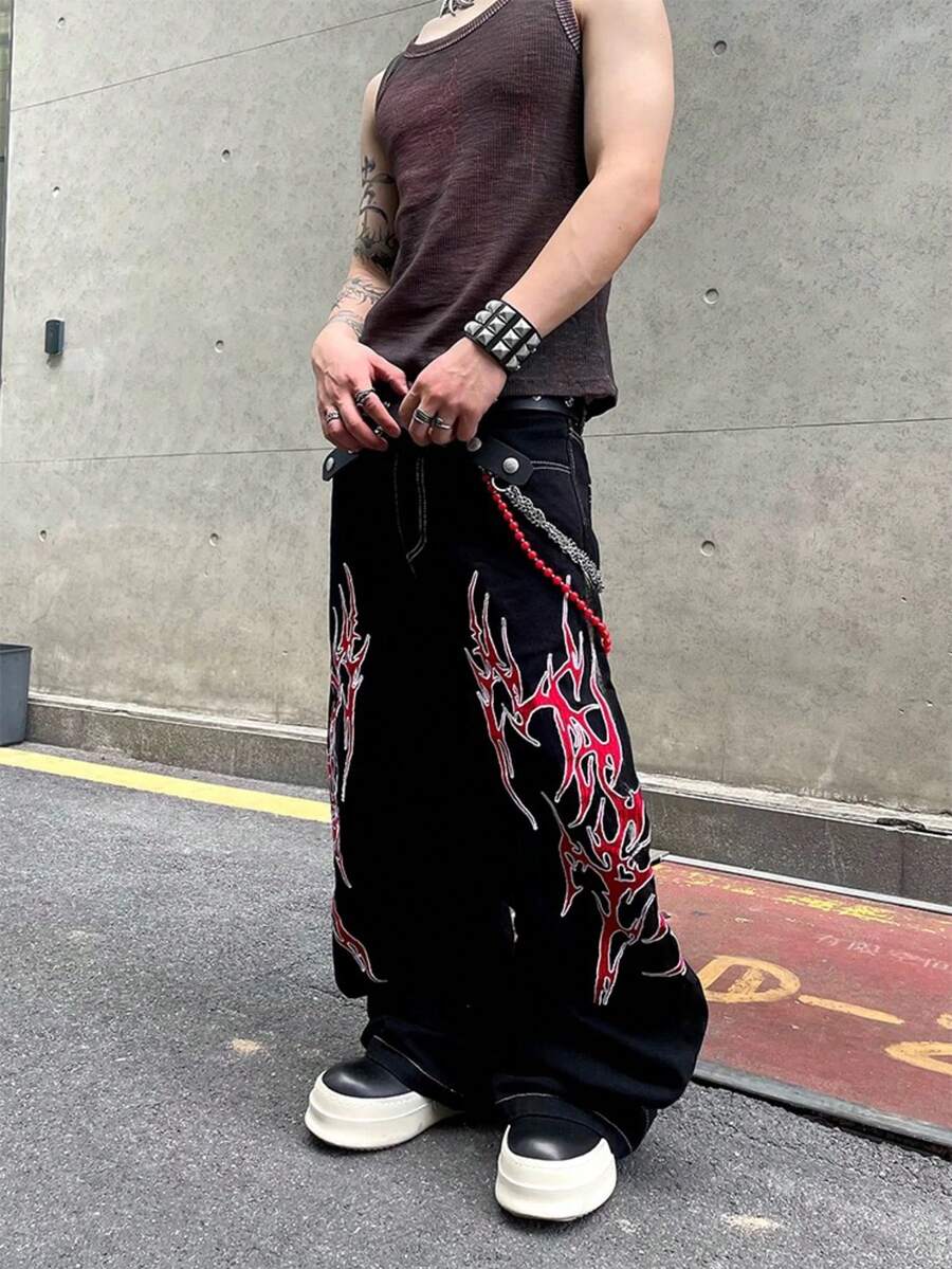 Japanese streetwear flame graphic wide leg pants black hip hop oversized denim Harajuku style