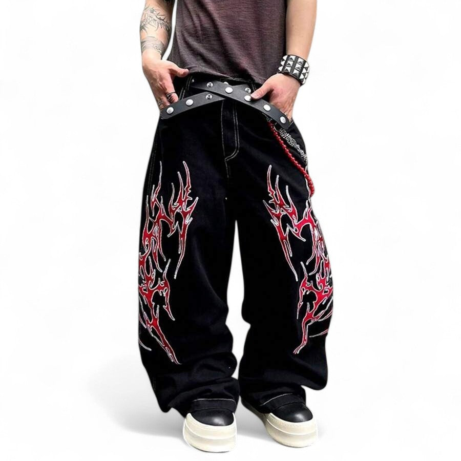 Japanese streetwear flame graphic wide leg pants black hip hop oversized denim Harajuku style