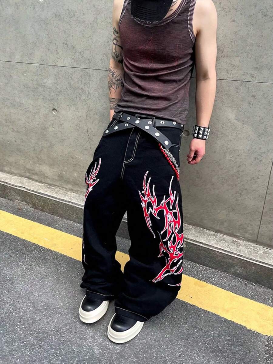 Japanese streetwear flame graphic wide leg pants black hip hop oversized denim Harajuku style