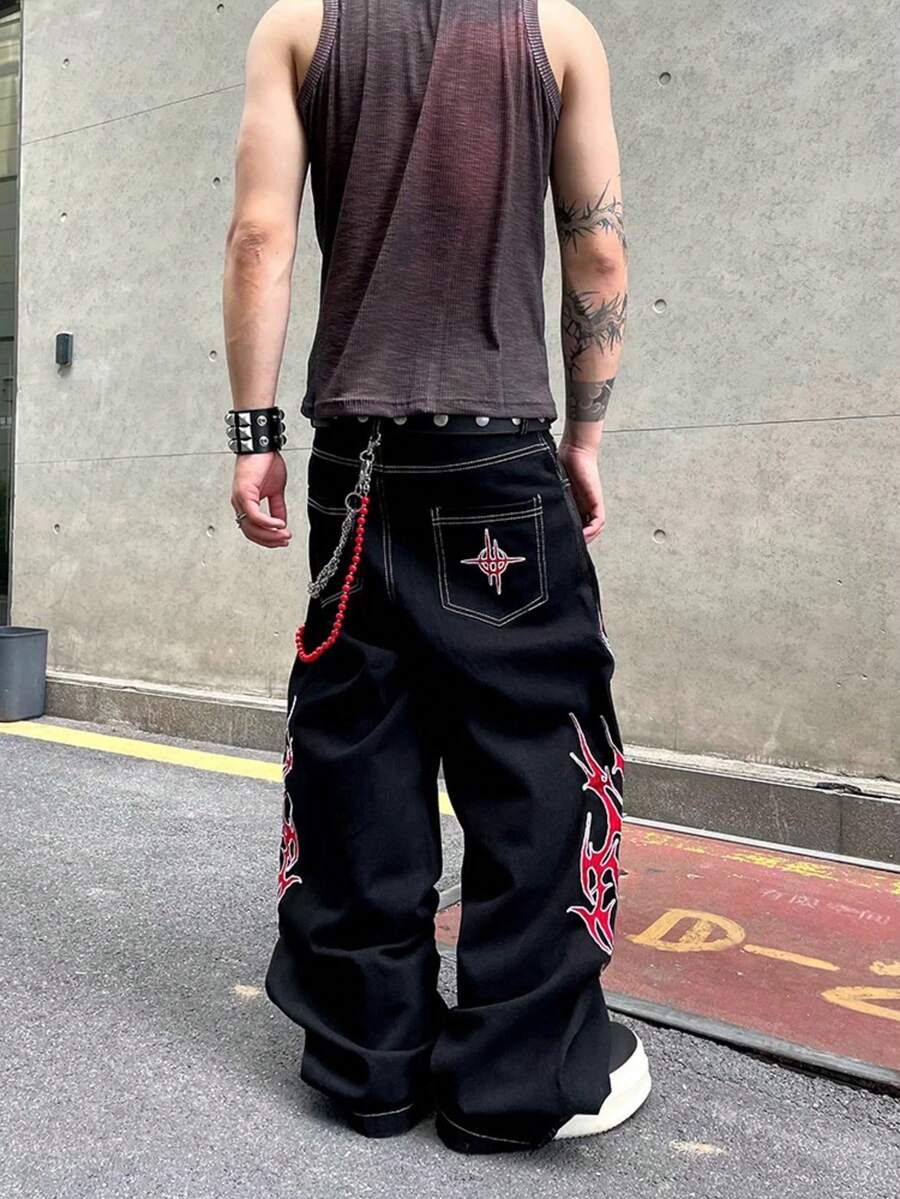 Japanese streetwear flame graphic wide leg pants black hip hop oversized denim Harajuku style