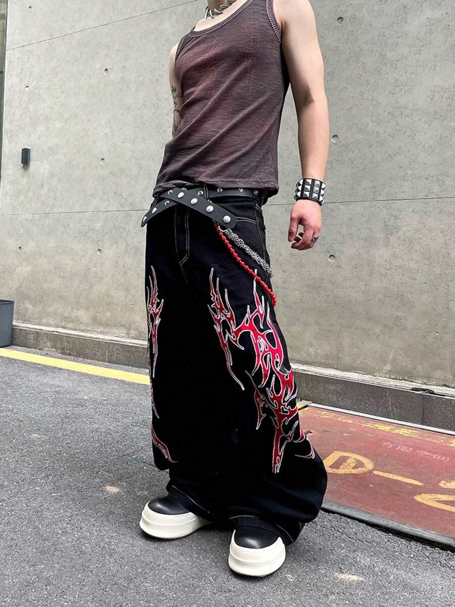 Japanese streetwear flame graphic wide leg pants black hip hop oversized denim Harajuku style