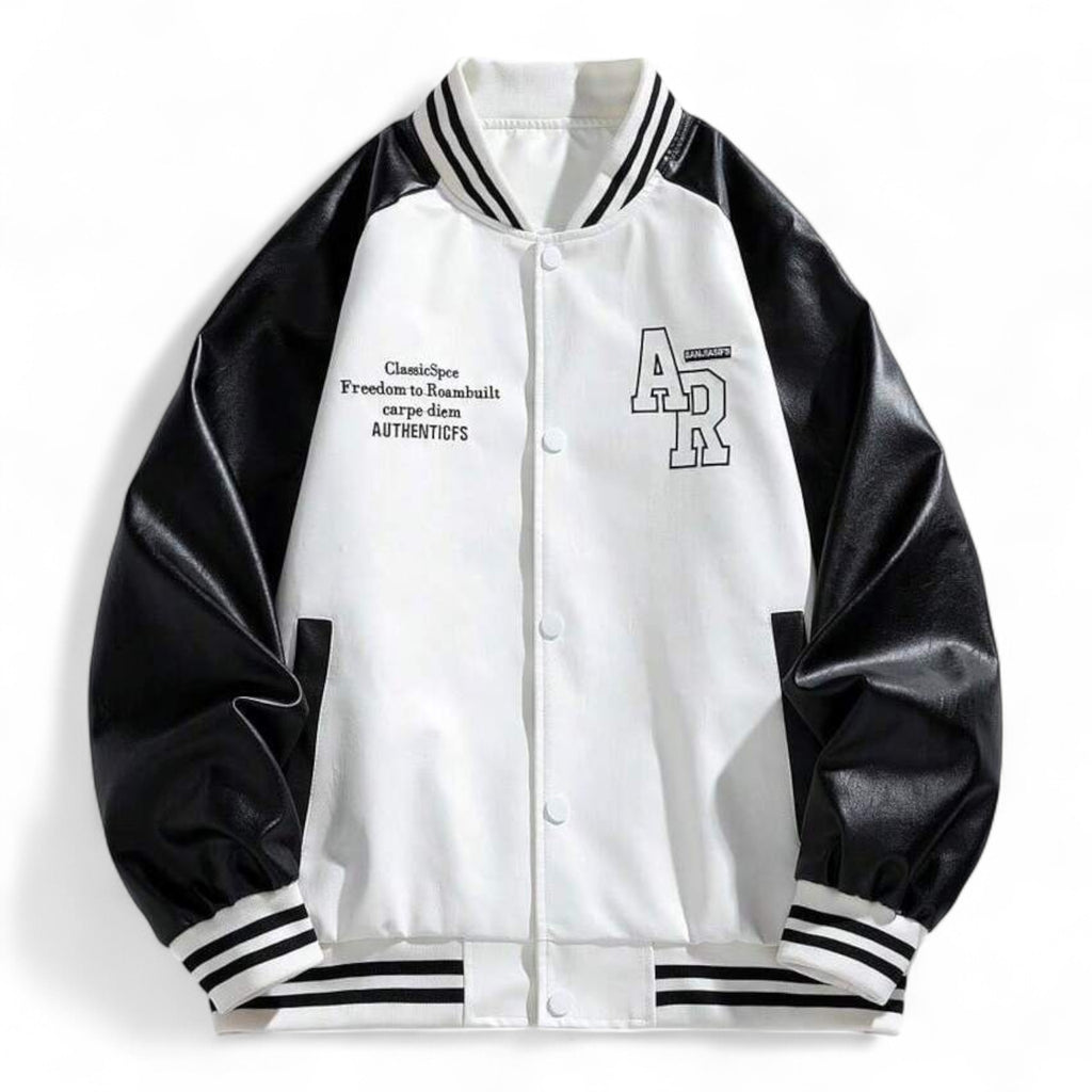 Japanese streetwear varsity jacket in black and white with letter patches, baseball collar, and hip-hop street fashion style