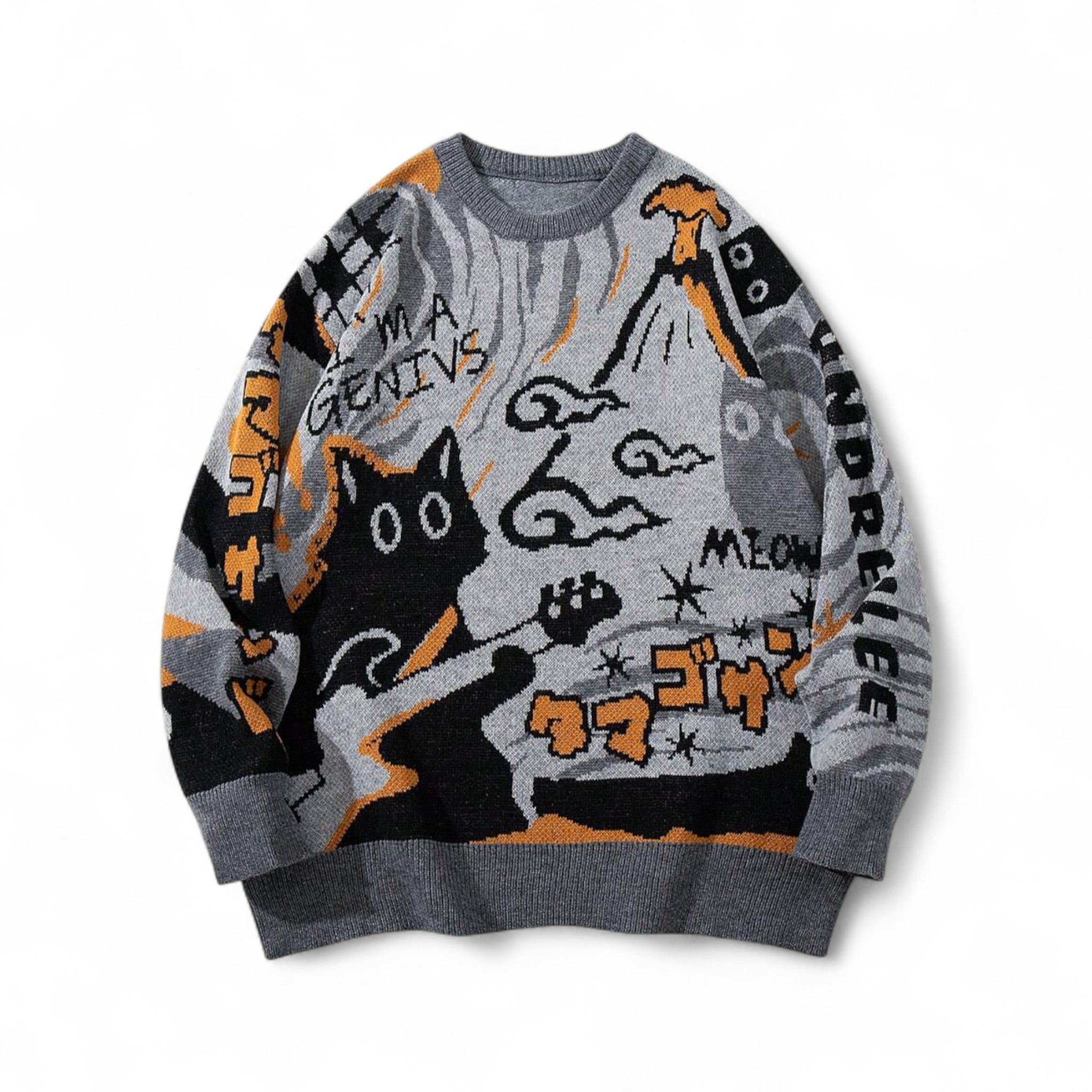 Japanese streetwear cat graphic pullover sweater with anime-inspired design and playful lettering