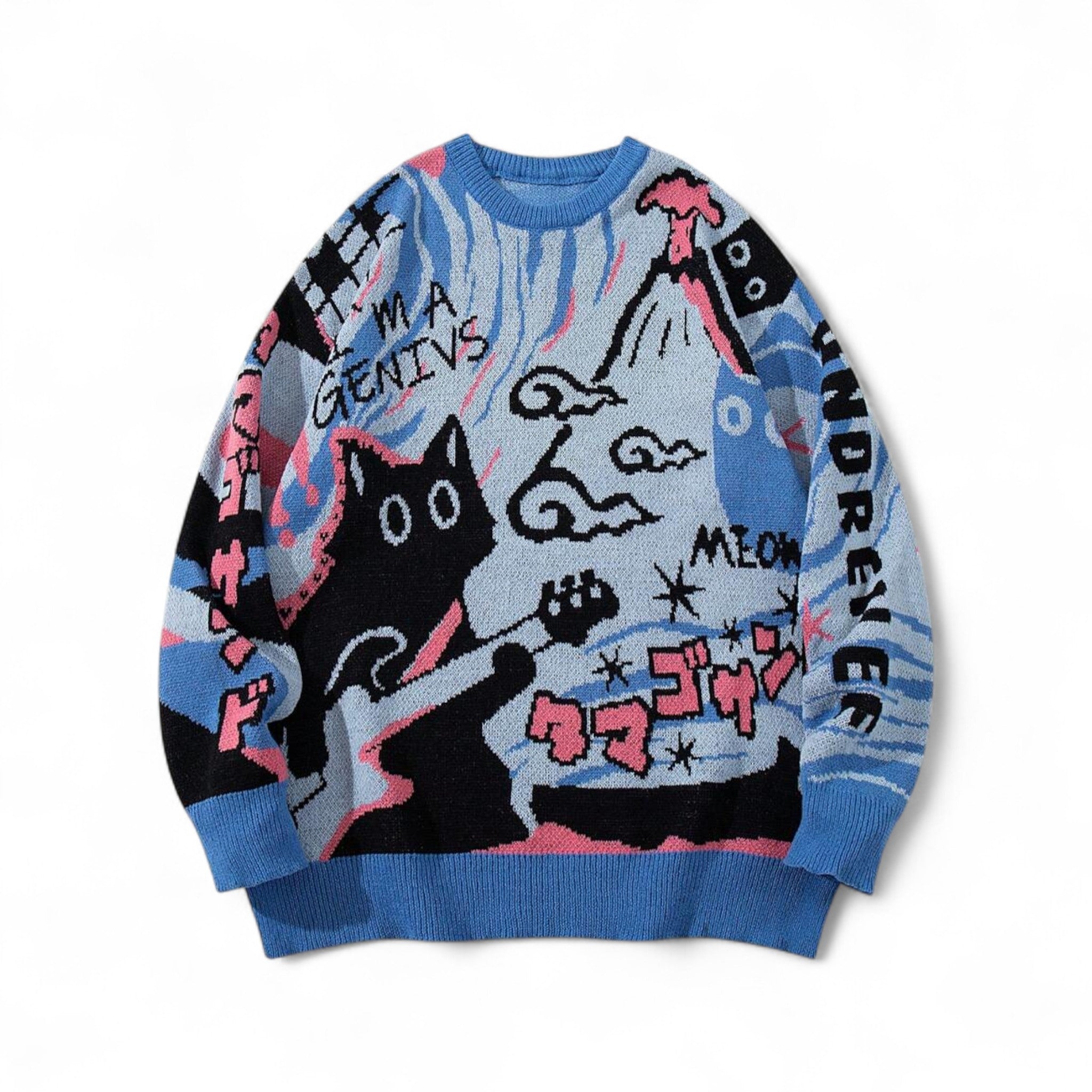 Japanese streetwear cat graphic pullover sweater with anime-inspired design and playful lettering