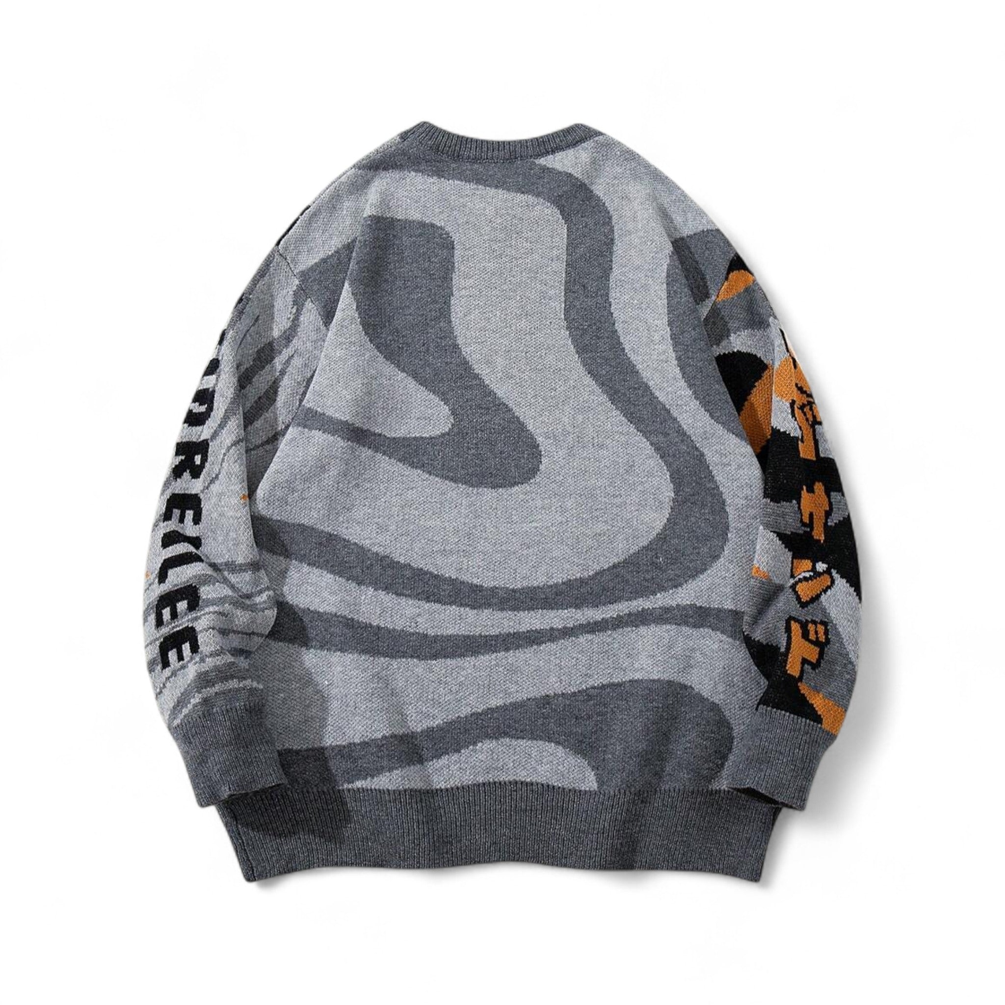 Japanese streetwear cat graphic pullover sweater with anime-inspired design and playful lettering