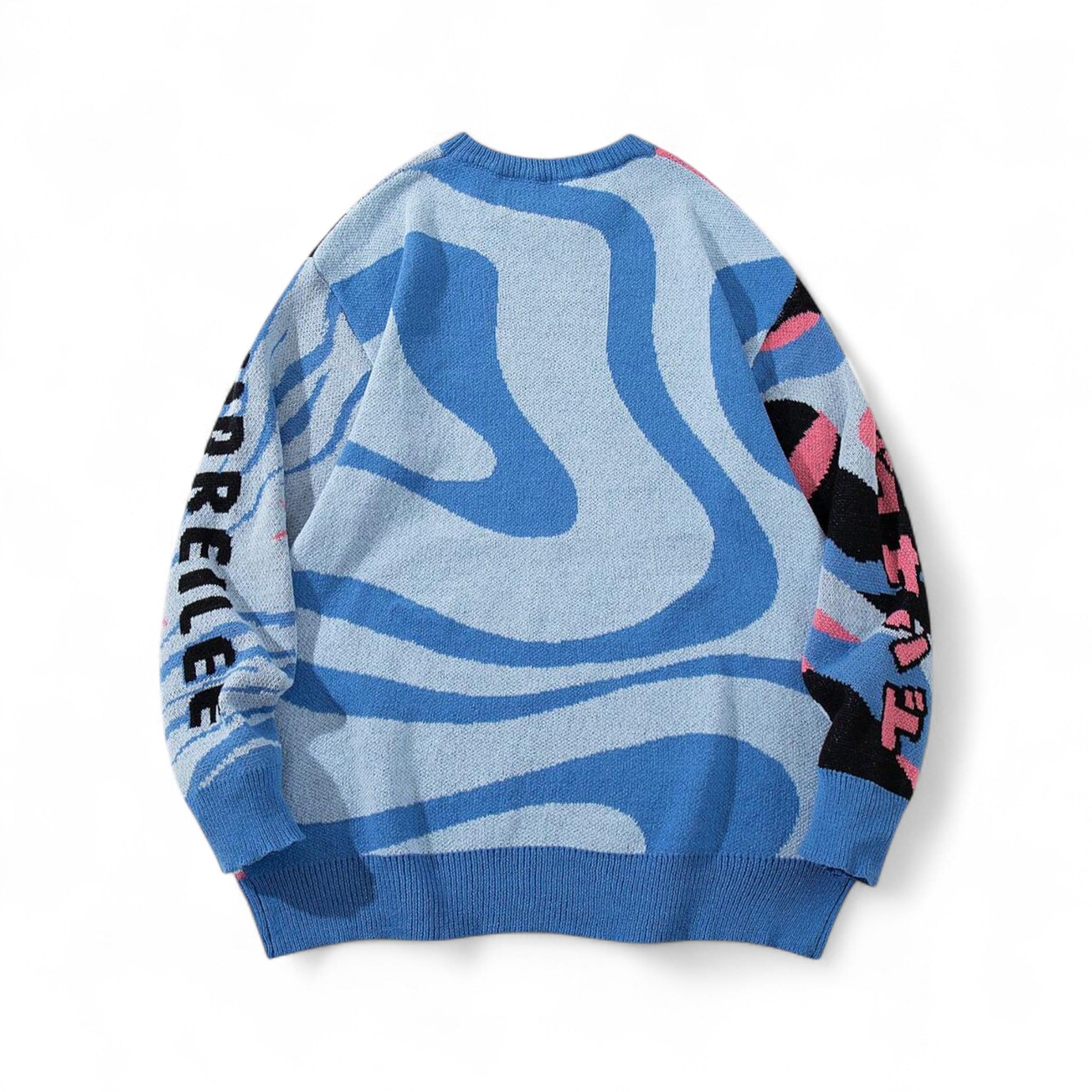 Japanese streetwear cat graphic pullover sweater with anime-inspired design and playful lettering