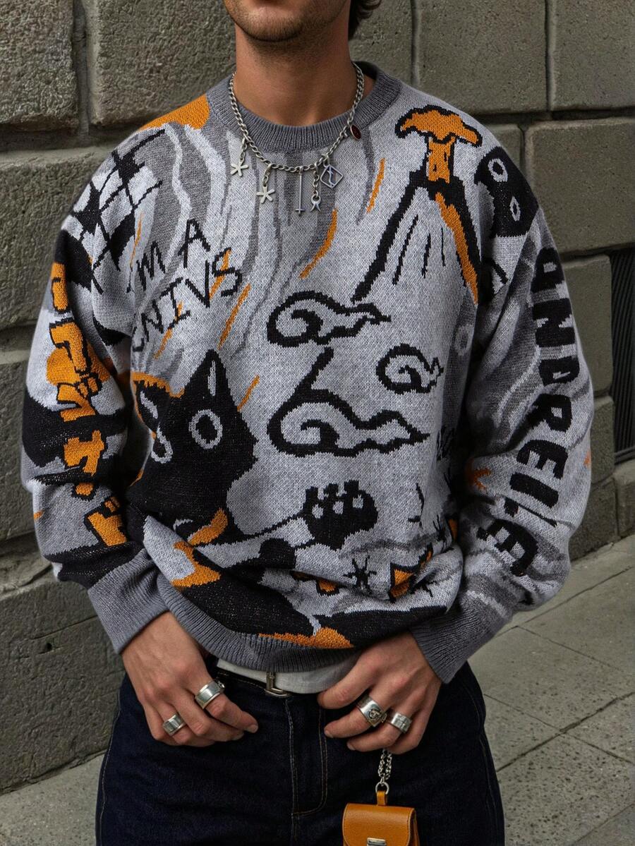 Japanese streetwear cat graphic pullover sweater with anime-inspired design and playful lettering